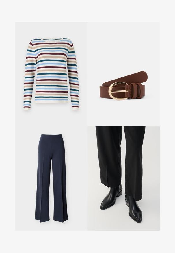 TOM TAILOR NEW OTTOMAN - Pullover - teal-colored; Pantalon large bleu marine avec fentes latérales, taille haute et devant lisse, présenté sur un fond blanc.; Bottes noires en cuir à la cheville avec un bout pointu, texture lisse et un talon carré. Associées à un pantalon noir à jambes larges, elles créent une silhouette élégante.; Ceinture en cuir marron avec une boucle dorée brillante et deux passants en cuir. Texture lisse, design plat et extrémités arrondies.