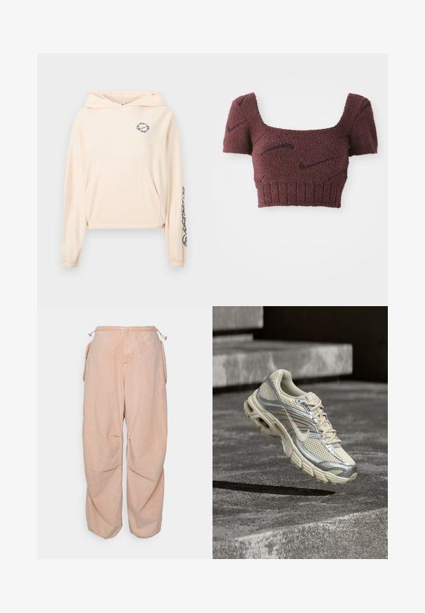 Φωτεινό ροζ cropped hoodie από απαλό ύφασμα. Διαθέτει μπροστινή τσέπη, ρυθμιζόμενο κουκούλι και μαύρη γραφική λεπτομέρεια στο αριστερό μανίκι.; Μωβ κοντό τοπ με υφή, τετράγωνη λαιμόκοψη, κοντά μανίκια και ribbed στρίφωμα, που διαθέτει λεπτά σκούρα σχέδια σε όλη την επιφάνεια.; BDG Urban Outfitters BAGGY CARGO - Τζιν χαλαρής εφαρμογής - acid pink; Μπεζ και ασημί αθλητικό παπούτσι Nike με λεπτομέρειες από δίχτυ και κορδόνια που αιωρείται πάνω από σκάλες από σκυρόδεμα.