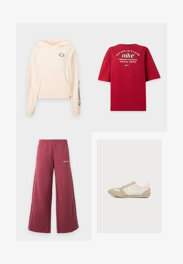 Φωτεινό ροζ cropped hoodie από απαλό ύφασμα. Διαθέτει μπροστινή τσέπη, ρυθμιζόμενο κουκούλι και μαύρη γραφική λεπτομέρεια στο αριστερό μανίκι.; Κόκκινο κοντομάνικο πουκάμισο με λευκό κείμενο ""ATHLETICS nike Department Since 1972"" και μικρό λογότυπο Nike swoosh κάτω από το κείμενο.; Φαρδύ μπορντό παντελόνι φόρμας με ελαστική μέση, λευκή πλαϊνή ρίγα και μικρό λευκό κείμενο με πλάγια γραφή στο αριστερό μηρό.; Ανοιχτό μπεζ και ροζ αθλητικό παπούτσι Nike με λευκό λογότυπο Swoosh, δερμάτινη μύτη και φτέρνα και ροζ κορδόνια, εμφανίζεται από το πλάι σε λευκό φόντο.