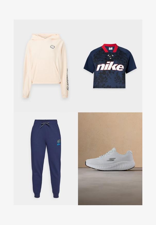 Φωτεινό ροζ cropped hoodie από απαλό ύφασμα. Διαθέτει μπροστινή τσέπη, ρυθμιζόμενο κουκούλι και μαύρη γραφική λεπτομέρεια στο αριστερό μανίκι.; Ναυτικό μπλε crop top με κοντά μανίκια και μαύρο ανθισμένο μοτίβο, κόκκινο γιακά και μεγάλο λευκό λογότυπο Nike με κόκκινο περίγραμμα μπροστά.; Μπλε ναυτικού χρώματος φόρμες με κορδόνι στη μέση και μανσέτες στους αστραγάλους. Διαθέτουν το λογότυπο Lotto σε ζωντανά χρώματα στον αριστερό μηρό. Κατασκευασμένες από μαλακό ύφασμα.; Λευκό αθλητικό παπούτσι με υφασμένο πέλμα και επάνω μέρος από διχτυωτό υλικό, με ασημί λογότυπο "S", αιωρούμενο πάνω από μια μπεζ μοκέτα και φόντο με καναπέ.