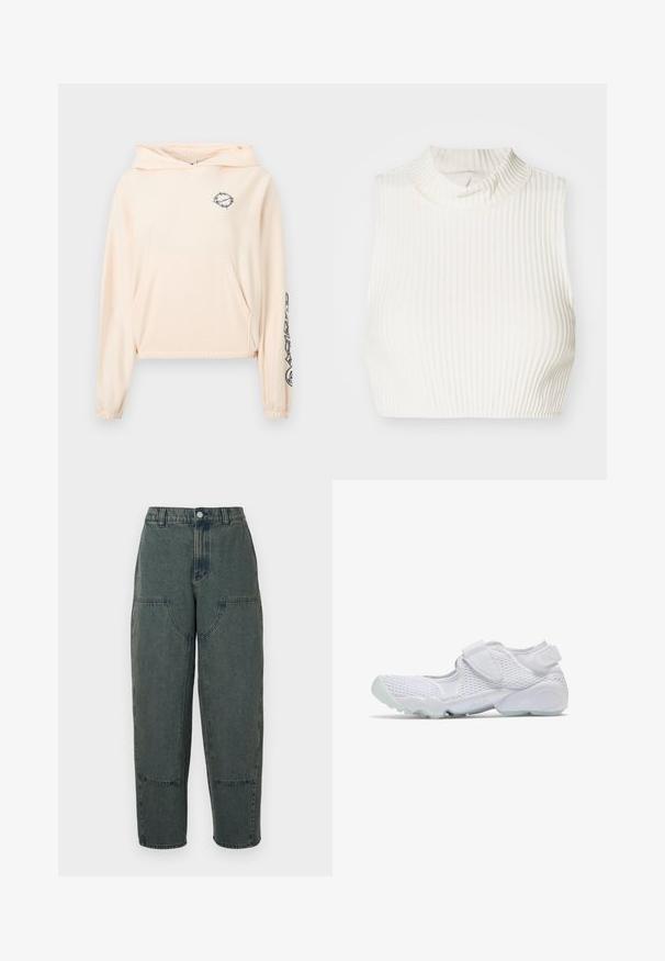 Φωτεινό ροζ cropped hoodie από απαλό ύφασμα. Διαθέτει μπροστινή τσέπη, ρυθμιζόμενο κουκούλι και μαύρη γραφική λεπτομέρεια στο αριστερό μανίκι.; Λευκό ριγωτό κοντό τοπ χωρίς μανίκια με ψηλό λαιμό και διακριτική λεπτομέρεια κουμπιού στον γιακά, φτιαγμένο από απαλό και ελαστικό ύφασμα.; Τζιν παντελόνι σε σκούρο μπλε με χαλαρή εφαρμογή, διαθέτει πλαϊνές τσέπες και αντίθετο ραφάκι. Το ύφασμα έχει ελαφρώς ξεθωριασμένη υφή.; Λευκό αθλητικό παπούτσι με άνω μέρος από δίχτυ, λουράκι με βέλκρο πάνω από το πέλμα και επενδυμένη σόλα με την ετικέτα "AIR,", σε προσκήνιο από το πλάι με λευκό φόντο.