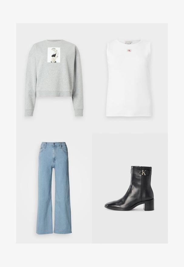 Hallikrihveliga hall lühikeste varrukatega sviiter, mis on valmistatud pehmest kangast. Ees on keskel fotoprint. Varruka ja kaela äärised on ribakujulised.; Valge varrukateta soonikust tank-top, mille allääres on väike punane ja must Calvin Kleini logo, mis asub kaelakaare all keskel.; Heledad sinine lai jalgadega teksapüksid, millel on vormitud vöökoht, viie tasku disain ja peened õmblused.; Must musta ankle boot terava nina, plokke konts ja rihm, millel on metalliline logo detail. Sile tekstuur ja minimaalne disain.