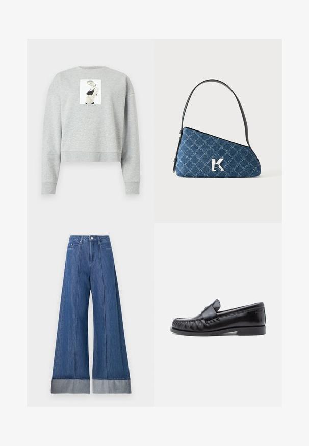 Grå cropped sweatshirt lavet af blødt stof, med et frontfotografisk tryk centreret på brystet. Ribstrikkede manchetter og halsudskæring.; Bredde jeans i mellemblå denim med høj talje, to frontlommer og en kontrasterende lysere denim manchet ved kanten.; Sorte læderloafers med rundet tå, karakteristisk syning og en dekorativ rem over vampen. Glat finish og lav hæl.; Blå quiltet denim skuldertaske med sort strop og sølv "K" logo foran, vist på en ensfarvet hvid baggrund.
