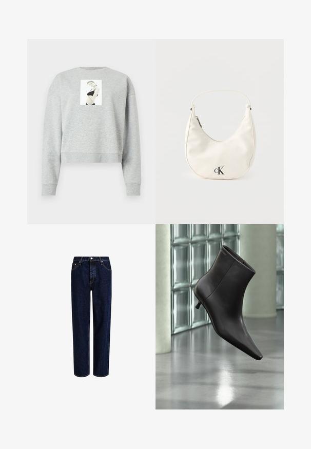 Grauer, kurzer Sweatshirt aus weichem Material, mit einem zentral auf der Brust platzierten, fotografischen Druck. Rippbündchen an den Ärmeln und am Halsausschnitt.; Dunkelblaue Denim-Jeans mit geradem Bein, hoher Taille, fünf Taschen und kontrastierenden Nähten. Ohne Verzierungen.; Schwarzer Leder-Knöchelstiefel mit spitzer Spitze und kleinem Absatz vor einer Wand aus Glasbausteinen und einem polierten Boden.; Kleine weiße halbmondenförmige Handtasche mit kurzem Trageriemen, Reißverschluss und schwarzem "cK"-Logo auf der Vorderseite.