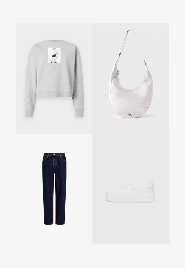 Grå cropped sweatshirt lavet af blødt stof, med et frontfotografisk tryk centreret på brystet. Ribstrikkede manchetter og halsudskæring.; Mørkeblå denim jeans med lige ben-design, der har høj talje, fem-lomme-stil og kontrastsyninger. Ingen dekorationer.; Hvide platform sneakers med en glat læderoverdel, rund tå, hvide snørebånd og diskret logo-detalje på siden. Flad gummisål.; Hvid skuldertaske i halvmåneform med justerbar rem og sort "cK"-logo nær bunden i midten på ensfarvet baggrund.