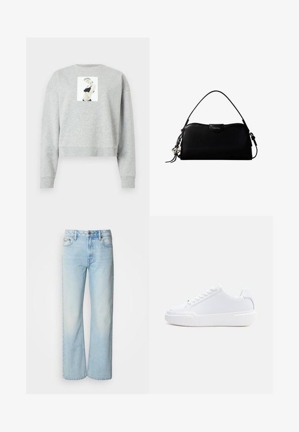 Grå cropped sweatshirt lavet af blødt stof, med et frontfotografisk tryk centreret på brystet. Ribstrikkede manchetter og halsudskæring.; Lyseblå brede jeans lavet af denim med et klassisk fem-lomme design og en subtil falmet tekstur. Denim-syninger er synlige.; Hvid lavtop-sneaker med snørelukning, tyk sål og glat overdel, vist fra ydersiden mod en ensartet lys baggrund.; Sort rektangulær Calvin Klein håndtaske med enkelt toprem, sølvlogo vedhæng og lille klaplukning foran.