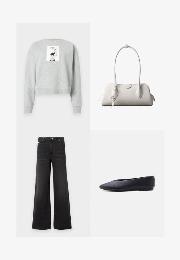 Sweatshirt gris coupé en tissu doux, avec un imprimé photographique sur le devant centré sur la poitrine. Manches et col côtelés.; Jean en denim noir à jambes larges avec fermeture avant par bouton et zip, passants pour ceinture, et style cinq poches.; Chaussure de ballet plate noire à bout pointu avec un motif perforé subtil, vue de côté sur fond blanc uni.; Sac à bandoulière blanc Calvin Klein avec longues poignées, forme rectangulaire, fermeture éclair et charm logo décoratif suspendu près de la poignée.