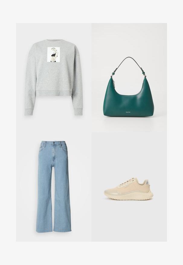 Grauer, kurzer Sweatshirt aus weichem Material, mit einem zentral auf der Brust platzierten, fotografischen Druck. Rippbündchen an den Ärmeln und am Halsausschnitt.; Hellblaue weite Jeans aus Denim, mit einer enganliegenden Taille, Fünf-Taschen-Design und dezenten Nähdetails.; Beige Sneaker mit glattem Lackleder an Zehen- und Schaftbereich, verziert mit einer strukturierten Zwischensohle und gummierter Laufsohle. Mit einem Markenetikett versehen.; Teal Handtasche mit einer geschwungenen Form und einem Schultergurt, mit einem dezenten Calvin Klein Logo auf der Vorderseite vor einem schlichten weißen Hintergrund.