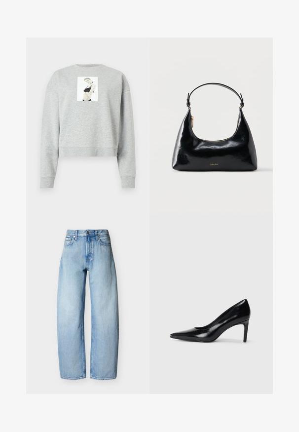 Grå cropped sweatshirt lavet af blødt stof, med et frontfotografisk tryk centreret på brystet. Ribstrikkede manchetter og halsudskæring.; Lyseblå straight-leg denim jeans med fem lommer, bæltestropper og lukning med knap foran.; Sort læder højhælede sko med spids tå, glat tekstur og en taperet hæl. Minimalistisk design uden yderligere udsmykninger.; Sort blank Calvin Klein håndtaske med gyldent lynlås og kort rem mod en ensfarvet hvid baggrund.