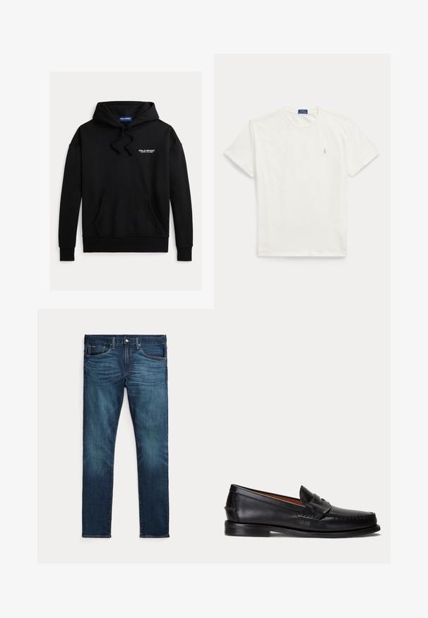 Sort sweatshirt med hætte og en forlommer foran. Teksten "POLO SPORT" i hvid øverst til venstre. Fremstillet af blødt stof.; Hvid kortærmet t-shirt med rund hals og lille lys beige Polo Ralph Lauren-logo på venstre bryst.; Mørkeblå slim-fit jeans med frontknap og lynlås, fem lommer og subtil falmen på forreste lår og knæ.; Sort læderloafer med lav hæl og pennyremdetalje, vist fra siden på en lysegrå baggrund.