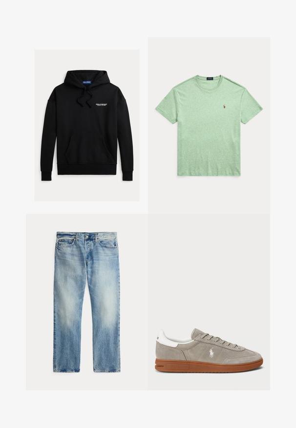 Sort sweatshirt med hætte og en forlommer foran. Teksten "POLO SPORT" i hvid øverst til venstre. Fremstillet af blødt stof.; Lysegrøn Polo Ralph Lauren T-shirt med korte ærmer, rund hals og lille broderet hestelogo på venstre bryst.; Lysblå denim jeans med lige ben, forlommer og knaplukning, lagt fladt på en hvid baggrund.; Grå ruskinds sneaker med hvide læderdetaljer, rund tå, tonede snørebånd og brun gummisål. Har broderet logo på siden.