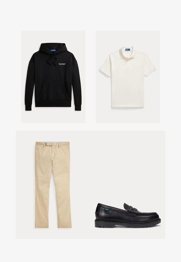 Sort sweatshirt med hætte og en forlommer foran. Teksten "POLO SPORT" i hvid øverst til venstre. Fremstillet af blødt stof.; Kortærmet poloshirt i creme, lavet af tekstureret bomuld, med ribbet hals, tre-knaps stolpelukning og en lille logo ved kanten.; Beige bukser med lige ben, bæltestropper og frontlynlås, lagt fladt mod en hvid baggrund.; Sort læderloafer med tyk, mønstret sål og lille grøn "Polo"-mærke på ydersiden nær hælen.