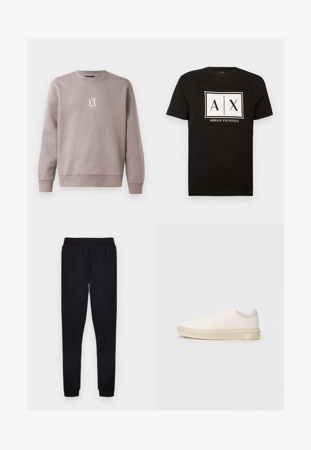 Grauer Pullover aus weichem Material mit Rundhalsausschnitt, langen Ärmeln und kleinem weißen Logo auf der Brust.; Schwarzes T-Shirt mit kurzen Ärmeln und weißem rechteckigem Logo, das "A | X" und den Text "Armani Exchange" in der Mitte der Brust zeigt.; Schwarze Jogginghose mit elastischem Bund, zulaufenden Beinen und gerippten Bündchen am Knöchel, gefertigt aus weichem Stoff ohne sichtbare Muster.; Weißer Sneaker mit einem glatten Obermaterial aus Canvas, flachen Schnürsenkeln, gepolstertem Kragen und einem strukturierten grauen Akzent an der Rückseite. Chunkige Gummisohle.