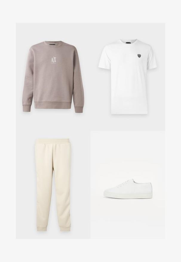 Sweatshirt gris en tissu doux, avec un col rond, des manches longues et un petit logo blanc sur la poitrine.; T-shirt en coton blanc à manches courtes, avec un petit logo noir sur la zone de la poitrine gauche. Design classique à col rond.; Pantalons de survêtement beige clair fabriqués en tissu doux avec un design fuselé, une ceinture élastique et des poignets aux chevilles. Pas de motifs ou d'accents visibles.; Baskets blanches en cuir avec une texture lisse, bout rond, semelle plate et un discret logo doré sur le côté. Design classique à lacets.