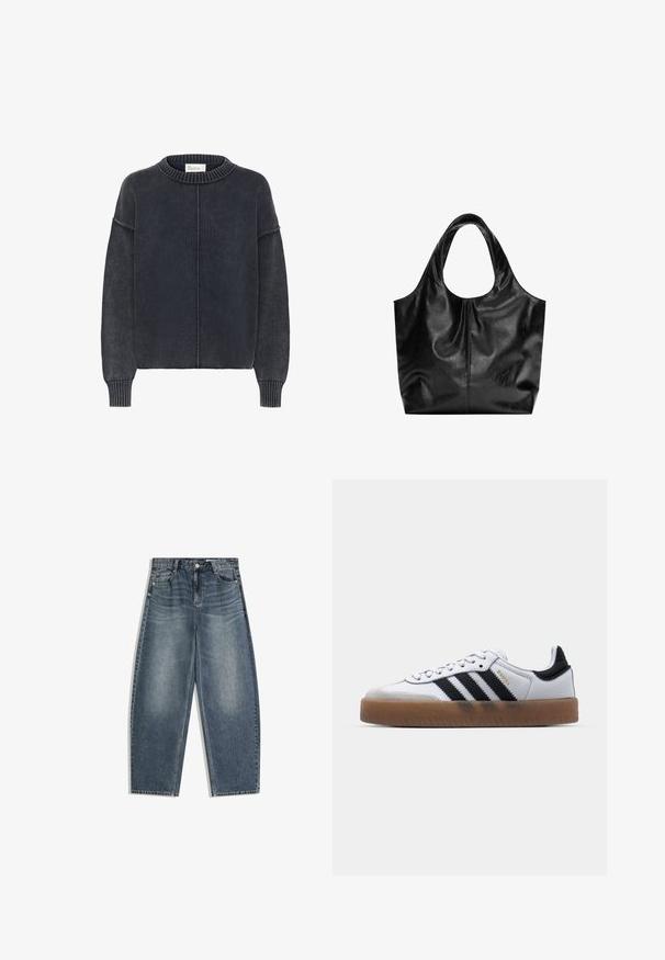 Mørkegrå, tekstureret sweater med rund hals og lange ærmer, der har en central søm nedad foran. Klassisk, afslappet stil.; Denimjeans i mediumblå med en løs, vid ben-design. Har klassisk fem-lomme-konstruktion og en falmet finish.; Hvide lædersneakers med sorte striber, gummirubber sål, rund tå, snørelukning og blød grå ruskinds tåhætte.; Sort læder tote taske med en glat overflade, en blød, afrundet top og brede håndtag. Har minimal syning og en afslappet silhuet.