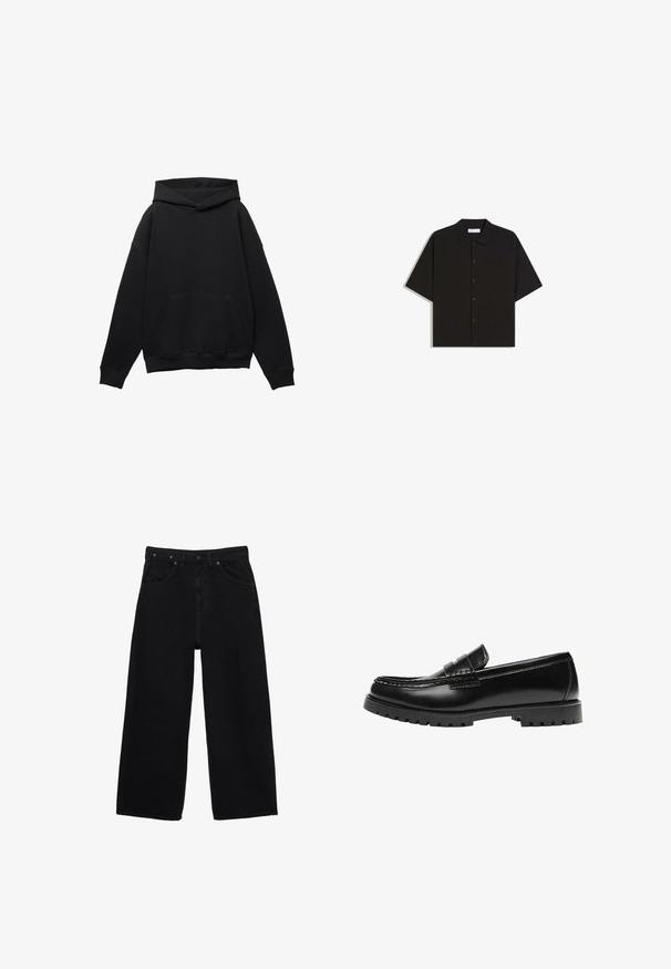 Sweat à capuche noir en tissu doux avec une poche frontale, silhouette surdimensionnée et cordon de serrage. Caractéristiques des poignets et un ourlet côtelés.; Chemise noire à manches courtes avec col et poche poitrine, étalée à plat sur un fond blanc.; Jean en denim noir à jambes larges avec bouton frontal, fermeture éclair, passants de ceinture et style classique à cinq poches.; Mocassin en cuir noir avec une semelle en caoutchouc épaisse et un détail classique de bride à monnaie, vu de côté extérieur.