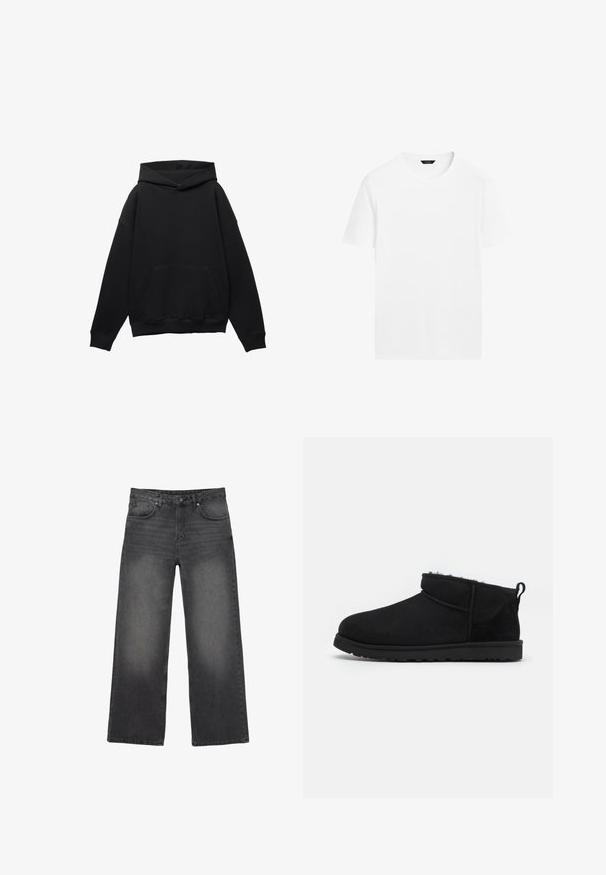 Sweat à capuche noir en tissu doux avec une poche frontale, silhouette surdimensionnée et cordon de serrage. Caractéristiques des poignets et un ourlet côtelés.; T-shirt en coton blanc avec un col rond, des manches courtes et une coupe droite. Présente une texture lisse et légère, sans motifs visibles.; Jean noir délavé à jambes larges avec cinq poches, fermeture par bouton et passants pour ceinture, présenté sur un fond blanc.; Bottines noires en daim avec une doublure douce et texturée, une semelle en caoutchouc basse et une languette à l'arrière pour un enfilage facile.