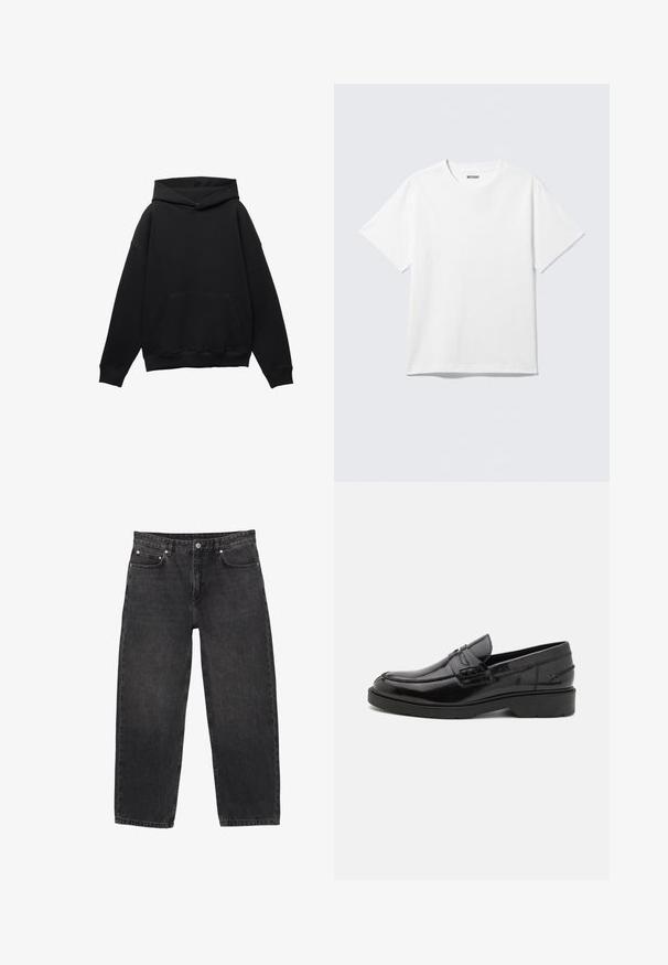 Sweat à capuche noir en tissu doux avec une poche frontale, silhouette surdimensionnée et cordon de serrage. Caractéristiques des poignets et un ourlet côtelés.; T-shirt blanc à manches courtes et col rond, étalé à plat, design uni, avec l'étiquette "WEEKDAY" à l'intérieur du col sur un fond clair.; Jean denim noir avec une coupe droite, cinq poches et des accents métalliques. Le tissu présente une finition subtilement texturée.; Mocassins en cuir noir avec une finition lisse, un bout rond, un petit talon et descoutures décoratives à l'avant. Semelle en caoutchouc pour l'adhérence.