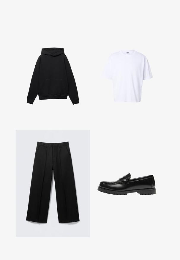 Sweat à capuche noir en tissu doux avec une poche frontale, silhouette surdimensionnée et cordon de serrage. Caractéristiques des poignets et un ourlet côtelés.; T-shirt blanc uni en coton à manches courtes, col rond, coupe ample et étiquette de marque Urban Classic à l'intérieur du col.; Pantalon large noir avec passants pour ceinture, poches avant et fermeture éclair, présenté sur un fond gris clair.; Mocassin en cuir noir avec une semelle en caoutchouc épaisse et un détail classique de bride à monnaie, vu de côté extérieur.