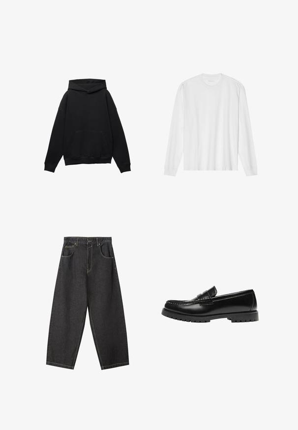 Sweat à capuche noir en tissu doux avec une poche frontale, silhouette surdimensionnée et cordon de serrage. Caractéristiques des poignets et un ourlet côtelés.; T-shirt blanc en coton à manches longues avec col rond, doté de poignets côtelés et d'un ourlet droit, texture lisse et design minimaliste.; Pantalons wide-leg en denim noir avec des coutures jaunes, un design à cinq poches et une taille mi-haute. Tissu texturé avec une finition lisse.; Mocassin en cuir noir avec une semelle en caoutchouc épaisse et un détail classique de bride à monnaie, vu de côté extérieur.