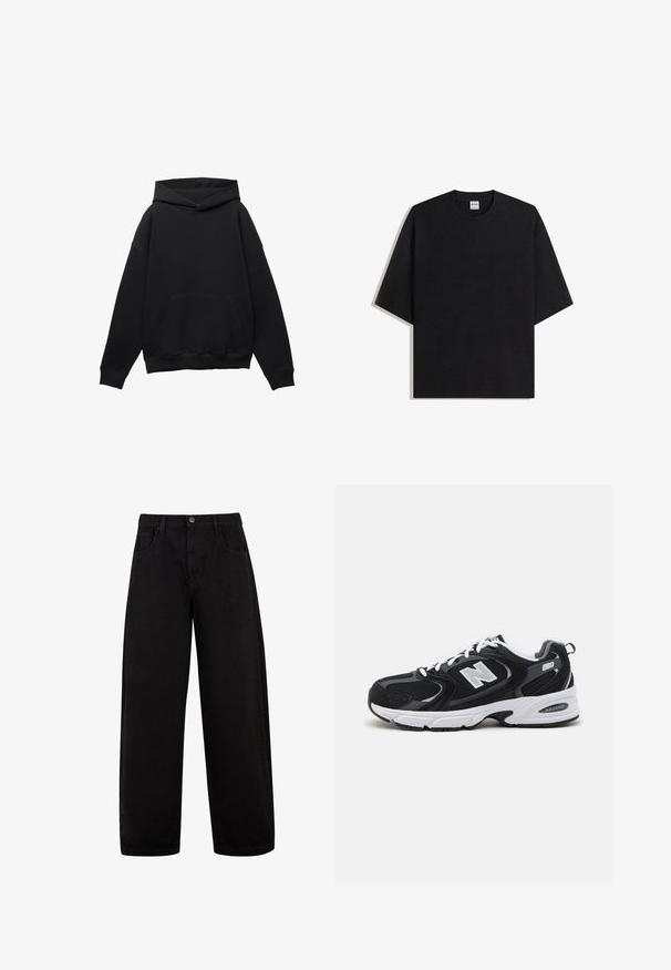 Sweat à capuche noir en tissu doux avec une poche frontale, silhouette surdimensionnée et cordon de serrage. Caractéristiques des poignets et un ourlet côtelés.; T-shirt noir surdimensionné à col rond avec manches courtes, vue à plat sur fond blanc, étiquette Bershka visible à l'intérieur du col.; Jean noir à jambes larges en denim, doté de poches avant, d'une fermeture à bouton et d'un design épuré et minimal sans motifs visibles.; Baskets de sport noires et grises avec un tige en mesh et en suède, présentant une semelle intermédiaire blanche, des lacets et un logo "N" audacieux sur le côté.