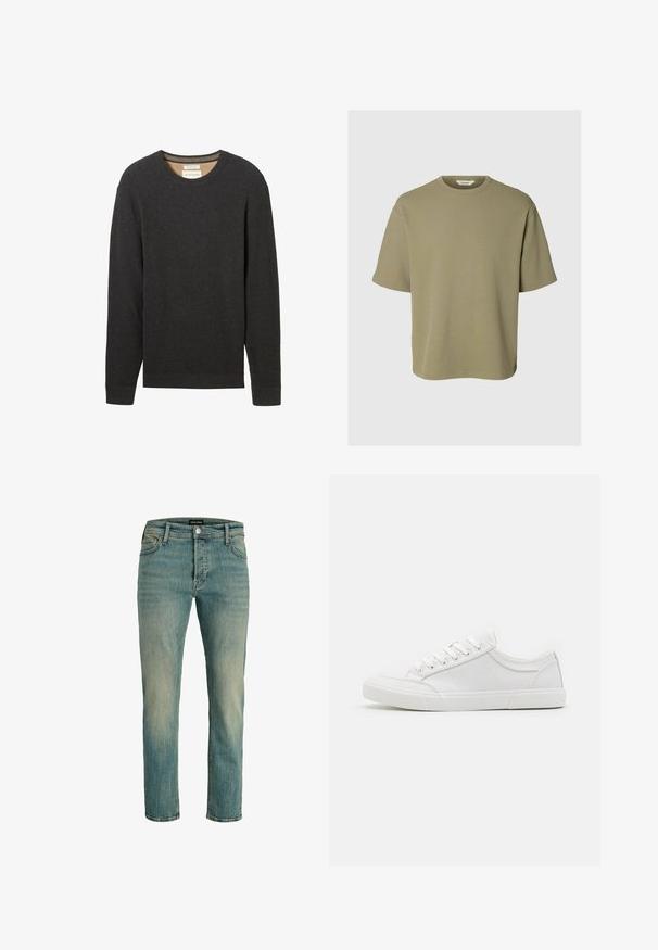 Sort ribbestrikket sweater med rund hals og lange ærmer. Teksturstof og et mærke synligt ved halsudskæringen.; Olivengrøn kortærmet waffle-strikket t-shirt med rund hals, løs pasform og en lille hvid mærkeinddeling inde i kraven.; Herre-slim-fit blå denimjeans med falmet detaljering og frontknaplukning, med fem-lomme-stil og bæltestropper.; Hvide sneakers med en glat læderoverdel, rund tå, flad gummisål og seks øjestik til snørebånd. Subtile syninger og minimalistisk design.