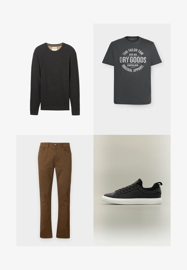 Schwarzer gerippter Pullover mit Rundhalsausschnitt und langen Ärmeln. Texturierter Stoff und ein Etikett sind am Ausschnitt sichtbar.; Dunkelgraues T-Shirt mit kurzen Ärmeln und rundem Ausschnitt, vorne zentriert mit weißem Text "Tom Tailor TRM Est. 62 Dry Goods Supplies Original Apparel" bedruckt.; Braune gerade geschnittene Hose mit vorderem Knopf- und Reißverschluss, vorderen und hinteren Taschen sowie Gürtelschlaufen.; Schwarzer Sneaker mit niedrigem Schaft, strukturierten Seitenpaneelen, schwarzen Schnürsenkeln und weißer Gummisohle, im Profil vor neutralem Hintergrund dargestellt.
