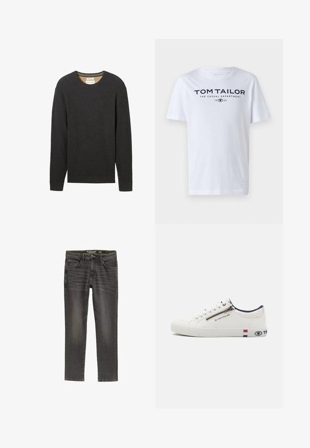 Sort ribbestrikket sweater med rund hals og lange ærmer. Teksturstof og et mærke synligt ved halsudskæringen.; Hvid bomulds t-shirt med rund hals, korte ærmer og navy tekst, der læser "TOM TAILOR THE CASUAL DEPARTMENT 1962."; Mørkegrå denimjeans med regulær pasform. Har fem lommer, en lynlås i gylpen og subtle fading på stoffet for tekstur.; Hvid sneaker med overdel i læder, rund tå og kontrasterende marineblå detaljer ved kraven. Har en lynlåslukning og logoakcenter på siderne.