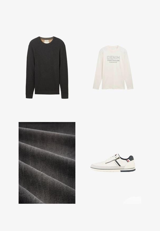 Schwarzer gerippter Pullover mit Rundhalsausschnitt und langen Ärmeln. Texturierter Stoff und ein Etikett sind am Ausschnitt sichtbar.; Hellbeige Langarmshirt mit Rundhalsausschnitt, auf dem ein graues Logo mit der Aufschrift "DENIM TOM TAILOR ESTABLISHED 2007" gedruckt ist.; Dunkelgrauer Stoff mit einer weichen Textur, in Falten präsentiert. Die Webart ist eng und zeigt eine glatte, einheitliche Oberfläche.; Weißer Sneaker in Low-Top-Ausführung mit seitlichem Reißverschluss, marineblauen und roten Akzenten, schwarzem Fersenpatch und "Tom Tailor"-Markenlogo an der Seite.