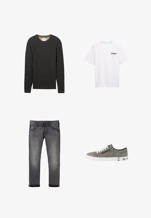 Schwarzer gerippter Pullover mit Rundhalsausschnitt und langen Ärmeln. Texturierter Stoff und ein Etikett sind am Ausschnitt sichtbar.; Weißes Baumwoll-T-Shirt mit kurzen Ärmeln, ausgestattet mit einer Tasche mit einem blau-weißen Etikett. Glatte Textur und lockere Passform.; Graue Denim-Jeans mit geradem Bein, ausgestattet mit klassischem Fünf-Taschen-Stil, aufgerollten Säumen und dezenter Verfärbung des Stoffes.; Grauer Sneaker mit niedrigem Schaft, weißen Schnürsenkeln, seitlichem Reißverschluss und weißer Sohle mit roten, weißen und blauen Streifen sowie Tom Tailor-Logo.