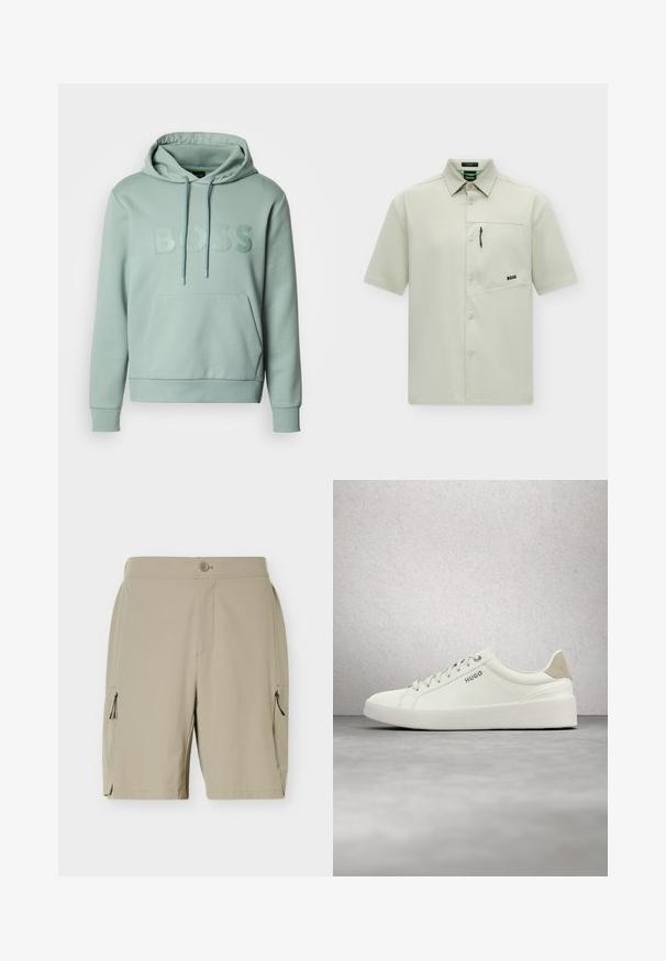 Φωτεινό πράσινο hoodie με τσέπη καγκουρό, κορδόνι κουκούλας και ανάγλυφο λογότυπο «BOSS» στο μπροστινό μέρος. Διαθέτει ριμπ μανσέτες και τελείωμα.; Ανοιχτό μπεζ κοντομάνικο πουκάμισο με κουμπιά, με μυτερό γιακά και μεγάλη ασύμμετρη τσέπη στο στήθος με λογότυπο "BOSS" και μικρό μαύρο φερμουάρ.; Μπεζ σορτς μήκους μέχρι το γόνατο με κλείσιμο με κουμπί και φερμουάρ στις τσέπες σε κάθε πλευρά, σχεδιασμένα για καθημερινή ή εξωτερική χρήση.; Λευκό χαμηλό αθλητικό παπούτσι με κορδόνια και μπεζ ταμπελάκι στη φτέρνα, με τη μάρκα "HUGO", αιωρούμενο πάνω από γυαλισμένο σκυρόδεμα κοντά σε τοίχο από γυάλινα τούβλα.