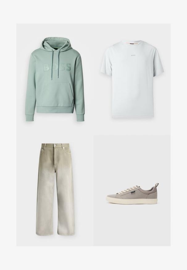 Sweat à capuche vert clair avec poche kangourou, capuche à cordon et logo "BOSS" en relief sur le devant. Comprend des poignets et un ourlet côtelés.; T-shirt bleu clair à manches courtes en coton doux. Présente un col rond et un logo « BOSS » subtil dans une teinte légèrement plus foncée.; Jean beige et gris clair à jambes larges, avec poches avant, passants de ceinture et fermeture par bouton.; Baskets en toile grises avec un bout arrondi, lacets beiges et semelle en caoutchouc beige contrastante. Comprend une languette à l'arrière et une étiquette de marque sur le côté.