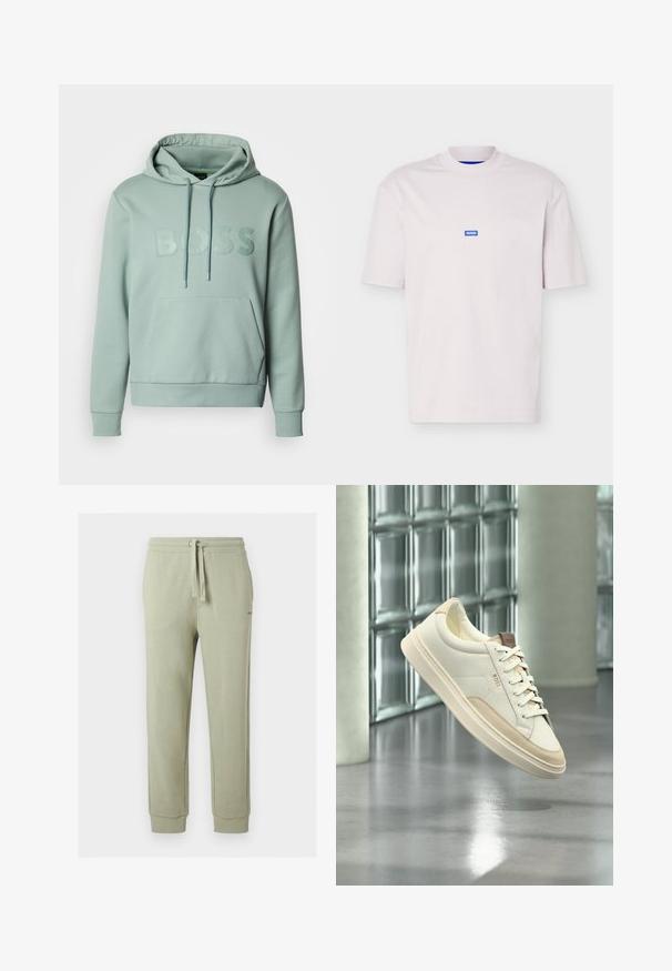 Sweat à capuche vert clair avec poche kangourou, capuche à cordon et logo "BOSS" en relief sur le devant. Comprend des poignets et un ourlet côtelés.; T-shirt à manches courtes de couleur rose clair unie avec un petit logo bleu "HUGO" centré sur la poitrine et un col rond côtelé.; Pantalon de jogging vert clair avec taille à cordon et chevilles resserrées, en tissu doux, présenté sur un fond uni.; Sneaker blanc à tige basse avec des accents beiges et des lacets, de la marque « BOSS », flottant au-dessus d’un sol poli avec un mur en blocs de verre en arrière-plan.