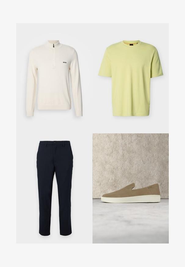 Suéter de punto beige claro con un cuello alto y medio zíper, que presenta un pequeño logo negro en el lado izquierdo del pecho y puños acanalados.; Camiseta de algodón de manga corta en amarillo claro con escote redondo y sutil logo en relieve "BOSS" en el pecho.; Pantalones ajustados azul marino con pasadores para cinturón, cierre de botón y bolsillos laterales, mostrados sobre un fondo claro y sencillo.; Zapato beige sin cordones con suela blanca, mostrado en el aire sobre una alfombra clara con muebles transparentes de color ámbar al fondo.