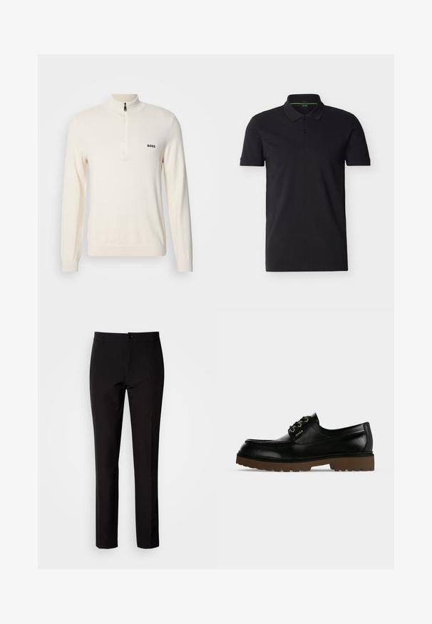 Suéter de punto beige claro con un cuello alto y medio zíper, que presenta un pequeño logo negro en el lado izquierdo del pecho y puños acanalados.; Polo negro de manga corta con cuello y tapeta de dos botones, con un sutil logo BOSS en el pecho y ribete interior verde en el cuello.; Pantalones negros de tela lisa, con diseño de pierna recta, cierre frontal con botón y discretos bolsillos laterales. Aspecto sencillo y entallado.; Zapato de piel negro de corte bajo con suela gruesa marrón estriada, cordones delanteros y logo dorado "Hugo" en el lateral.