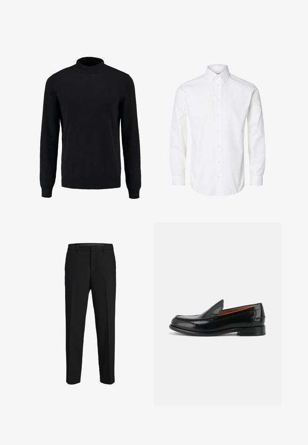 Pull en maille noir avec un col montant, des manches longues, et des poignets et un ourlet côtelés, présentant une texture lisse et une silhouette classique.; Chemise blanche à manches longues avec boutons, col pointu, boutons visibles sur le devant et poignets fermés par des boutons.; Pantalons noirs en tissu lisse, présentant une coupe droite, des passants de ceinture et un devant plat sans motifs ni embellissements visibles.; Mocassin noir en cuir poli, sans lacets, avec un petit talon et des coutures le long du bout et des côtés, vu de profil.