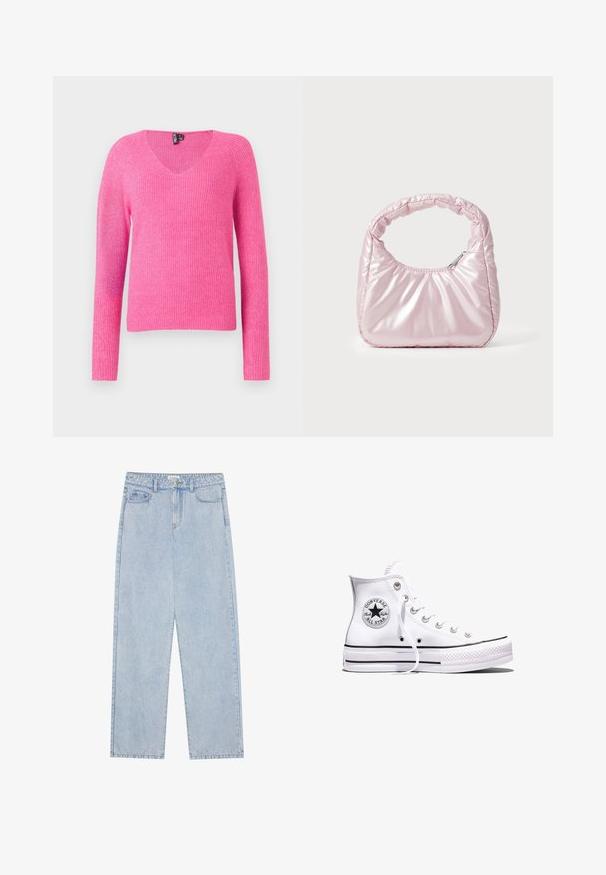 Pull en tricot rose avec un col en V, des manches longues, une texture côtelée et une coupe ample. Le matériau a une finition douce et légèrement brillante.; Jeans en denim bleu clair taille haute, avec une coupe droite, cinq poches et des coutures visibles. Le matériau a une texture de lavage classique.; Baskets blanches montantes Converse Chuck Taylor All Star avec des rayures noires et un patch logo sur le côté, présentées sur un fond blanc uni.; Sac à main rose rembourré avec un design arrondi, fabriqué à partir d'un matériau brillant. Dispose d'une poignée froncée et d'une fermeture éclair pour un accès sécurisé.
