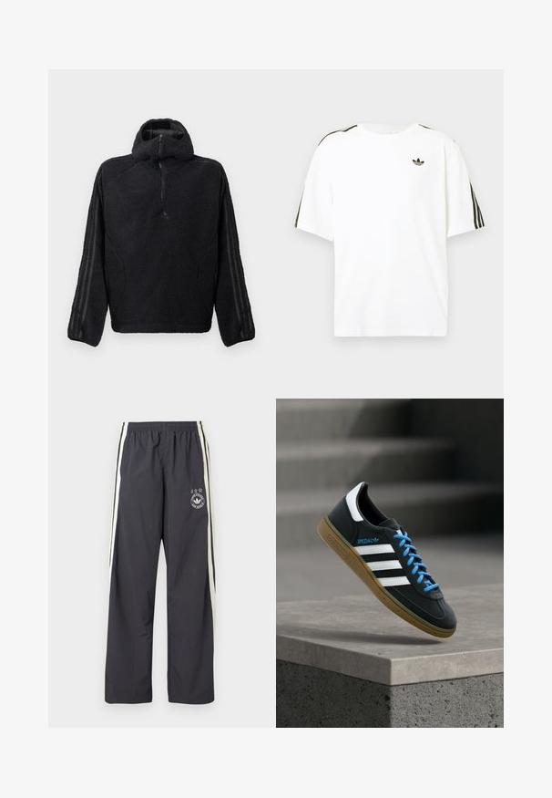Sort fleece pullover med halvdækning lynlås krave, med en tekstureret ydre og sorte stribede detaljer på ærmerne.; Hvid bomuld t-shirt med korte ærmer, prydet med sorte tre-stribede detaljer på skuldrene og et lille sort logo på brystet.; Mørkegrå træningsbukser med hvide sidelister, elastik i taljen og et rundt logo med tre stjerner på venstre lår. Letvægtsstof.; Sort Adidas sneaker med hvide striber, blå snørebånd og gummisål, der svæver over gråt betontrin i blødt lys.