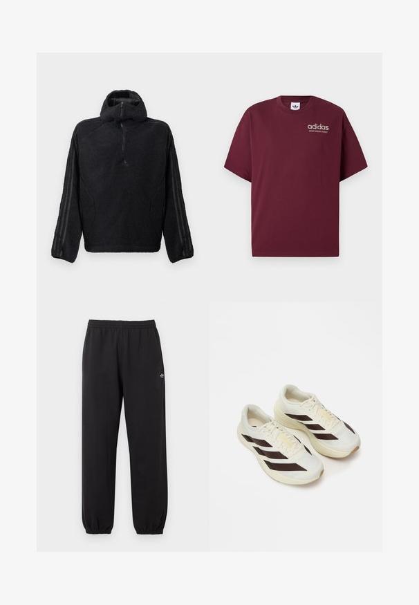 Sort fleece pullover med halvdækning lynlås krave, med en tekstureret ydre og sorte stribede detaljer på ærmerne.; Bordeaux kortærmet t-shirt lavet af bomuld. Har rund hals og et lille hvidt "adidas" logo med "SPORT DESIGN STUDIO" under.; Sorte Adidas sweatpants med elastisk talje og manchetter, med et lille hvidt Adidas trefoil-logo på det øverste venstre ben.; Lysecreme løbesko med mørkebrune diagonale striber, tekstureret mesh-overdel og polstret sål. Har gule "ADIZERO" branding.