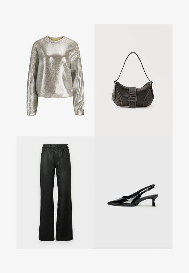 Pull en maille métallique argentée à manches longues et col rond, présentant une texture réfléchissante et brillante avec des poignets et un ourlet côtelés.; Pantalons évasés en denim noir au toucher lisse, avec un design à cinq poches, passants de ceinture et une fermeture éclair avec bouton.; Escarpins en cuir verni noir avec un bout pointu et un petit talon carré. Sangle réglable à la cheville avec boucle.; Sac à épaule en cuir noir avec une sangle à boucle, des bords arrondis et des coutures blanches contrastées sur un fond uni.