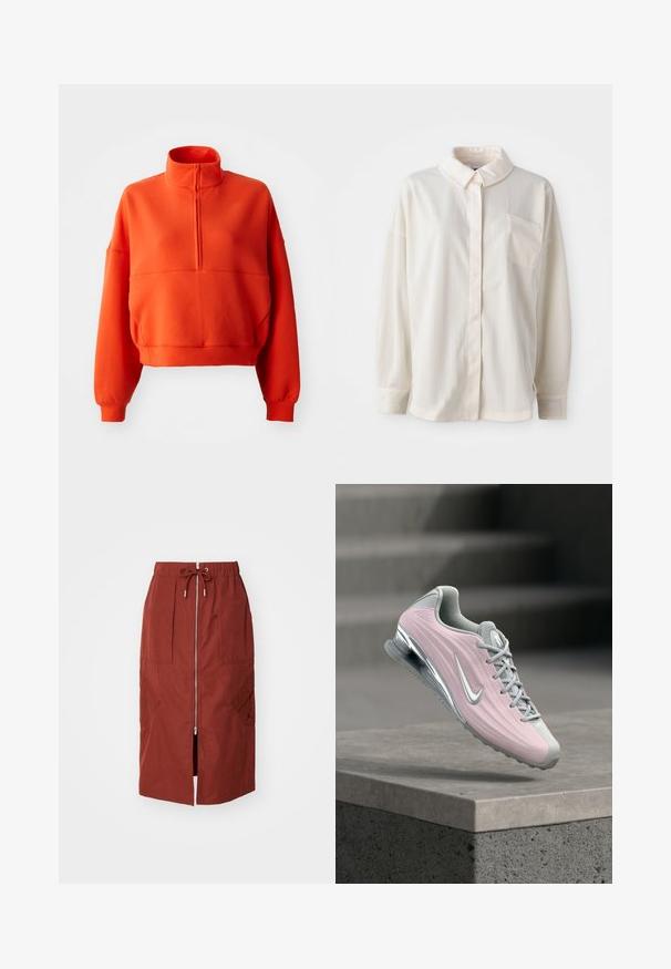Sudadera corta de color naranja brillante con cuello alto simulado y media cremallera, con mangas amplias y una tela texturizada para mayor comodidad.; Camisa blanca de botones con cuellos, de rayas verticales, de manga larga, con un solo bolsillo en el pecho, hecha de una tela suave con una textura tacto agradable.; Falda de longitud media en rojo terracota, con cremallera frontal, cinturilla elástica con cordón ajustable y bolsillos laterales con un diseño geométrico.; Zapatilla deportiva de color rosa claro y gris con el símbolo de Nike plateado, flotando sobre un borde de concreto con escaleras en el fondo.
