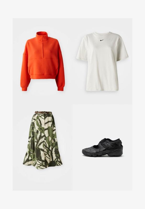 Sudadera corta de color naranja brillante con cuello alto simulado y media cremallera, con mangas amplias y una tela texturizada para mayor comodidad.; Camiseta de algodón blanca con cuello redondo y mangas cortas. Presenta un pequeño logotipo negro de Nike en el pecho. Diseño sencillo y sin adornos.; Falda larga con estampado de cactus en tonos verdes y crema, con una cintura ajustada y un cinturón marrón para abrochar.; Sandalia deportiva negra con puntera cerrada, correas de velcro en la parte media del pie y el talón, y suela gruesa acolchada con la marca "AIR" en el lateral.