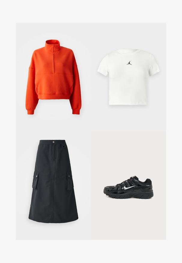 Un sweat-shirt cropped orange vif avec un col montant et une fermeture éclair demi-longueur, présentant des manches larges et un tissu texturé pour plus de confort.; T-shirt cropped en coton blanc avec un logo Jumpman noir au centre. Manches courtes et encolure ronde avec une texture lisse.; Jupe noire mi-mollet en tissu léger, dotée d'une taille élastique, de deux poches cargo et d'un léger brillant.; Baskets Nike P-6000 noires avec swoosh argenté, maillage et superpositions brillantes, et semelle noire texturée, montrées de côté sur fond uni.