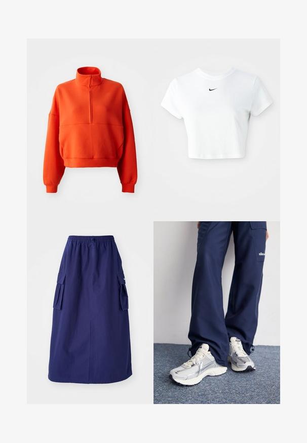 Helle orange, cropped Sweatshirt mit Stehkragen und halbem Reißverschluss, ausgestattet mit weiten Ärmeln und einem strukturierten Stoff für mehr Komfort.; Weißes, kurz geschnittenes T-Shirt aus Baumwolle mit kurzen Ärmeln und rundem Ausschnitt, versehen mit einem schwarzen Nike-Logo auf der Brust.; Marineblaue, knielange Rock mit elastischem Bund, der über zwei seitliche Cargotaschen und ein minimales Logodesign verfügt. Glatte Stoffoberfläche.; Nike Sportschuhe mit einem silbernen Mesh-Obermaterial, weißen Akzenten und strukturierten Sohlen, kombiniert mit locker sitzenden marineblauen Hosen.