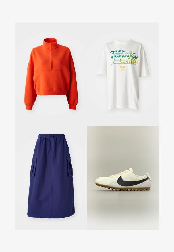 Sudadera corta de color naranja brillante con cuello alto simulado y media cremallera, con mangas amplias y una tela texturizada para mayor comodidad.; Camiseta blanca de algodón con un estampado gráfico en verde y amarillo que dice "Nike Tennis Club", con motivos de tenis y el año de establecimiento 1972.; Falda azul marino de longitud media con una cinturilla elástica, que presenta dos bolsillos laterales tipo cargo y un detalle de logotipo minimalista. Textura de tela suave.; Zapatilla deportiva blanca de perfil bajo con el logo negro de Nike, suela de goma y cordones blancos, mostrada sobre un fondo neutro en vista lateral.