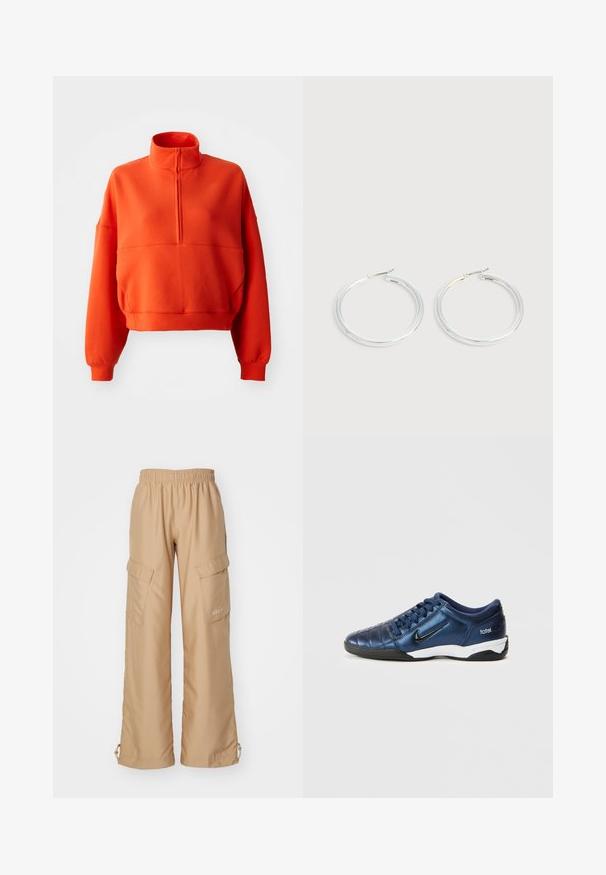 Svetlooranžová skrátená mikina s falošným golierom a polovičným zipsom, s širokými rukávmi a textúrovanou látkou pre pohodlie.; Nike Sportswear TREND - Kapsáče - hemp; Modrá syntetická športová obuv s prešívaným dizajnom, čiernym logom a bielou podrážkou. Má šnurovanie a nízky profil.; Pár lesklých strieborných kruhových náušníc s tenkými drôtenými zapínaniami, zobrazených na svetlo šedom pozadí.