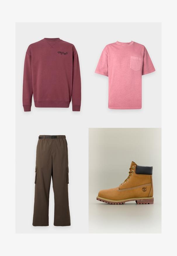 Sudadera de algodón color marrón con cuello redondo y puños acanalados. Presenta un logo negro impreso en el lado izquierdo del pecho. Textura suave.; Camiseta de algodón rosa con manga corta, cuello redondo y un bolsillo en el pecho izquierdo. Presenta una textura desgastada y un diseño de ajuste relajado.; Pantalones cargo marrones de corte holgado, con cintura elástica y dos bolsillos laterales. Incluyen un cinturón negro con diseño, de textura suave.; Bota de tobillo de cuero marrón con cuello negro, cordones amarillos y suela beige. Presenta un logotipo y detalles de costura blanca. Suela exterior con tracción robusta.