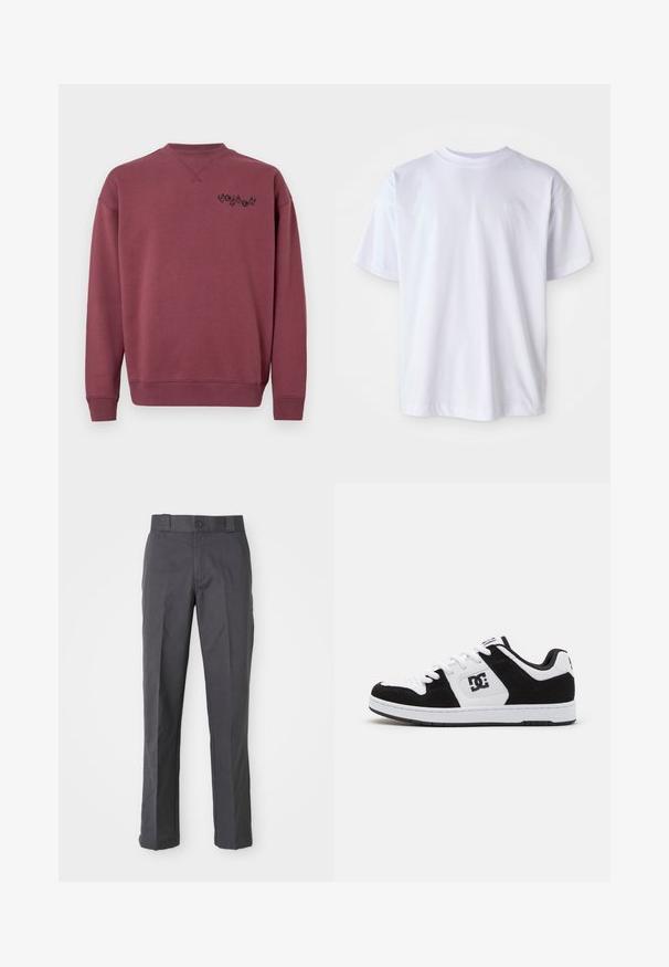 Sweatshirt en coton bordeaux avec un col rond et des poignets côtelés. Présente un logo noir imprimé sur la poitrine gauche. Texture lisse.; T-shirt en coton blanc avec un col rond et des manches courtes. Présente un logo subtil brodé de la même couleur sur la poitrine gauche.; Pantalons gris foncé en mélange de coton, présentant un design à jambes droites, des poches avant et une fermeture à bouton à la taille.; Basket noir et blanc avec une combinaison de cuir et de suède, présentant un bout perforé, des accents texturés et un détail de logo.
