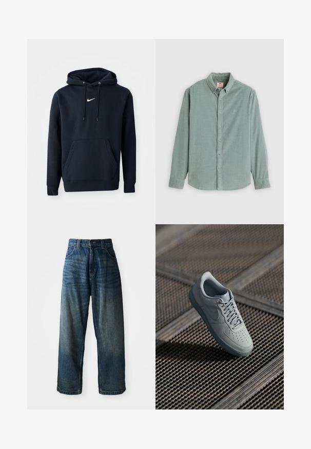 Navyblaue Kapuzenjacke aus einem Baumwollmischgewebe, ausgestattet mit einer Kängurutasche, verstellbarem Kordelzug an der Kapuze und einem weißen Nike-Logo auf der Brust.; Hellgrünes Hemd mit langen Ärmeln, Knöpfen, Kragen und Manschetten, flach auf weißem Hintergrund präsentiert.; Weite blaue Denim-Jeans mit einem verwaschenen Finish. Verfügt über fünf Taschen, einen Knopfverschluss und kontrastierende Nähte. Schwergewichtiges Material.; Graue Ledersneaker mit perforierter Zehenpartie, flachen Schnürsenkeln, gepolstertem Schaft und strukturiertem Gummisohle. Verfügt über ein dezentes Branding-Detail.
