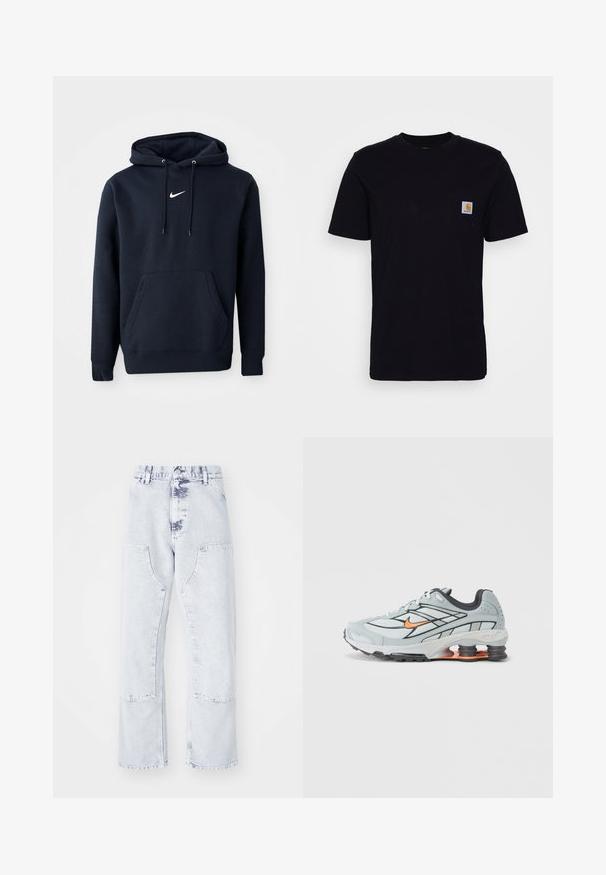 Námořnická modrá mikina s kapucí vyrobená z bavlněné směsi, obsahující klokaní kapsu, šňůrkovou kapuci a bílé logo Nike na hrudi.; Čierne bavlnené tričko s krátkymi rukávmi, okrúhlym výstrihom a náprsného vrecka s malou, štvorcovou nášivkou loga. Jednoduchý, jednoliaty dizajn.; Svetlo modré denimové rovné nohavice s náprsními vreckami, vysokým pásom a vyblednutým vzhľadom. Obsahuje tónové švíky a voľný strih.; Svetlosivé bežecké topánky s čiernymi detailmi, oranžovým logom, sieťovaným vrchom, polstrovaným golierom a gumovou podrážkou s viditeľnými tlmiacimi jednotkami.